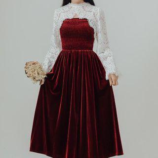 Set: Spaghetti Strap Smocked A-line Dress + Long-sleeve Lace Crop Top