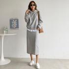 Set: Hooded Layered-hem Sweatshirt + Band-waist Skirt