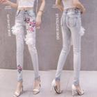 High-waist Floral Embroidered Slim Fit Jeans