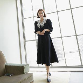 Lace-collar Puff-sleeve Shirtdress Black - One Size