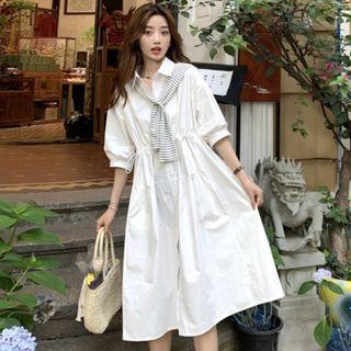 Elbow-sleeve Drawstring Plain Shirt Dress