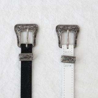 Embossed-buckle Genuine-leather Belt