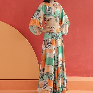 Set: Printed Bell-sleeve V-neck Top + Printed Wide-leg Pants