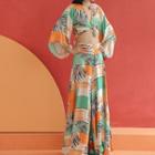 Set: Printed Bell-sleeve V-neck Top + Printed Wide-leg Pants