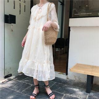 Elbow-sleeve Patterned Mesh A-line Midi Dress Almond - One Size