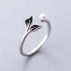 925 Sterling Silver Faux Pearl Leaf Open Ring S925 Silver - Black & Silver - One Size