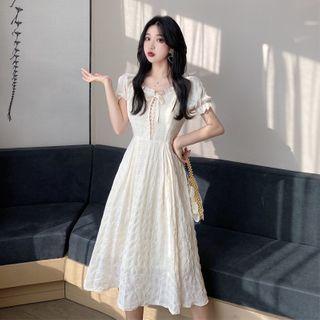 Short-sleeve Off-shoulder Drawstring Shirred Dress