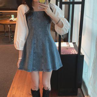 Puff-sleeve Square Neck Mock Two Piece Denim Dress