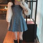Puff-sleeve Square Neck Mock Two Piece Denim Dress