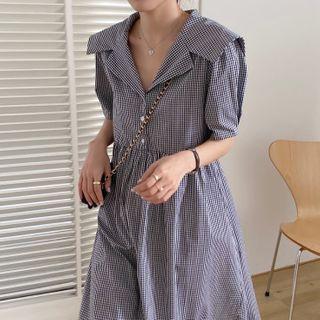 Short-sleeve Plaid Sailor-collar Midi Dress