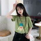 Elbow-sleeve Cartoon Pineapple Print T-shirt