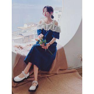 Elbow-sleeve Cold-shoulder Two-tone Midi A-line Dress