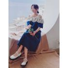 Elbow-sleeve Cold-shoulder Two-tone Midi A-line Dress