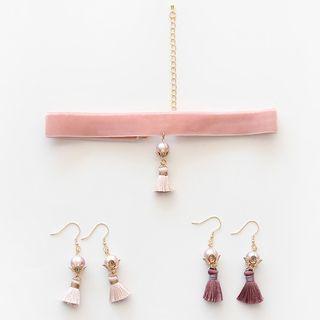 Tasseled Velvet Choker / 925 Sterling Silver Tasseled Drop Earring / Set