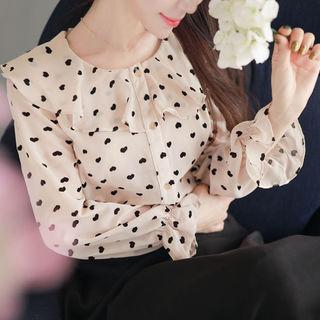 Ruffle-collar Heart-patterned Chiffon Blouse Beige - One Size