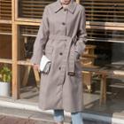 Single-breasted Belted Long Plaid Coat Beige - One Size