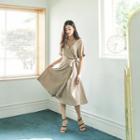 Elbow-sleeve Wrap-front Long Dress
