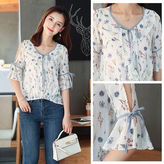 Floral Print Short-sleeve Cold Shoulder Chiffon Blouse