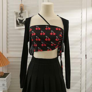 Asymmetrical Cherry-print Crop Top / Rhinestone-trim Cape Top