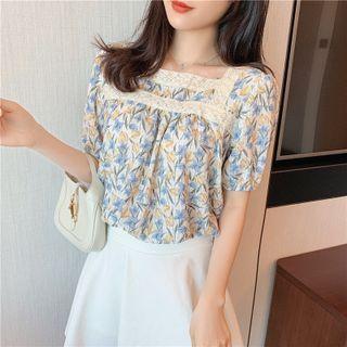 Short Sleeve Square Neck Floral Lace Panel Blouse