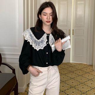 Two Tone Lace Button-up Shirt Black - One Size