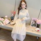 Long-sleeve Chiffon Panel Plaid Midi Dress