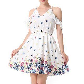 Floral Cold-shoulder Ruffle Trim Mini A-line Dress