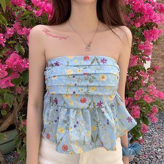 Floral Cropped Flowy Tube Top Blue - One Size