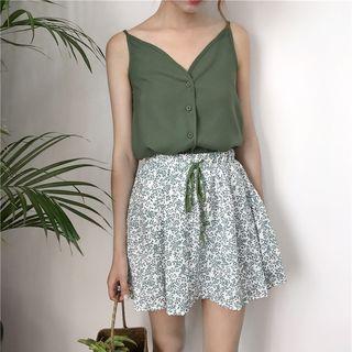 Set: V-neck Camisole Top + Floral Print A-line Skirt