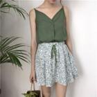 Set: V-neck Camisole Top + Floral Print A-line Skirt