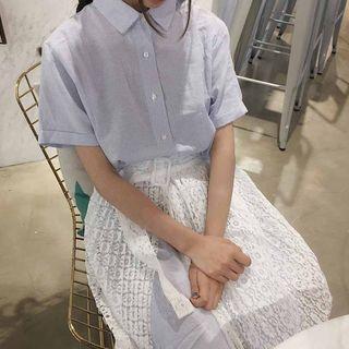Set: Short-sleeve Pinstriped Shirt Dress + Lace A-line Skirt