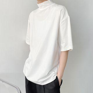 Semi Turtle Neck Plain Short Sleeve Plain Top