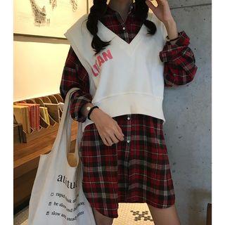 Plaid Long-sleeve Shirt Dress / Lettering Crop Vest