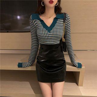 V-neck Long-sleeve Knit Top Green - One Size