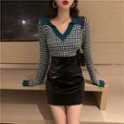 V-neck Long-sleeve Knit Top Green - One Size