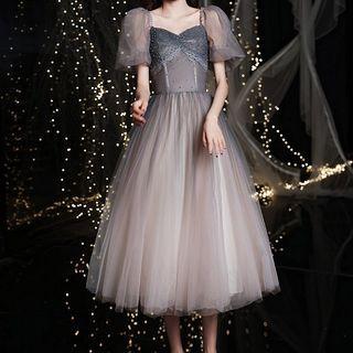 Puff-sleeve Beaded Midi A-line Cocktail Dress