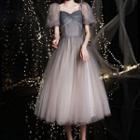 Puff-sleeve Beaded Midi A-line Cocktail Dress