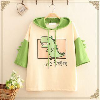 Dinosaur Print Elbow-sleeve Hoodie As Shown In Figure - One Size