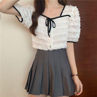 Square-neck Color Block Puff-sleeve Chiffon Top As Shown In Image - One Size