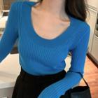 Plain Long-sleeve Knit Top Blue - One Size