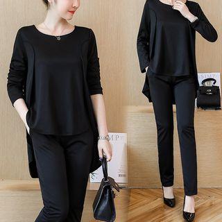 Set: Long-sleeve Asymmetric Hem Top + Plain Straight Cut Pants