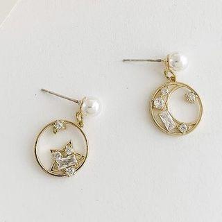 Moon & Star Rhinestone Faux Pearl Dangle Earring 1 Pair - Gold - One Size