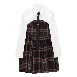 Mock Two-piece Plaid A-line Shirtdress