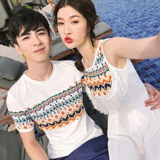 Couple Matching Patterned Sleeveless Midi Dress / Patterned Short Sleeve T-shirt / Patterned Shorts