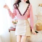 Set: Lace-trim Color-block Knit Top + A-line Skirt