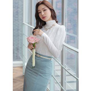 Set: Frilled Jacquard Top + High-neck T-shirt Ivory - One Size