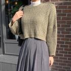 Drop-shoulder Cropped Waffle-knit Top