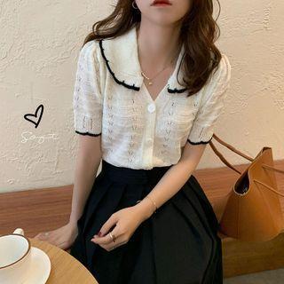 Short-sleeve Collared Contrast Trim Cardigan White - One Size