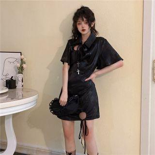 Short-sleeve Dragon Asymmetric Drawstring Mini Sheath Dress