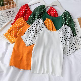 Dotted Chiffon-sleeve Boatneck Knit Top